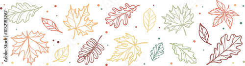 Hand drawn colorful autumn leaves outline banner or border design for greeting cards, vector fall leaf holiday decorative element, isolated