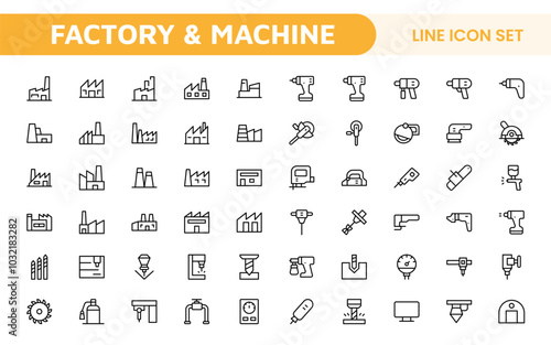 Factory and Machine Icons Collection: A Versatile Set for Industrial Design, Production Workflows, Machinery, Factory Management, and Engineering Solutions.