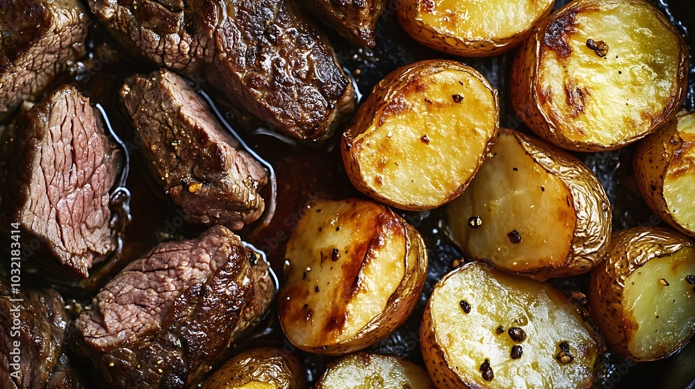 Close-up of Roasted Beef and Potatoes with Juices Close-up of Roasted Beef and Potatoes with Juices