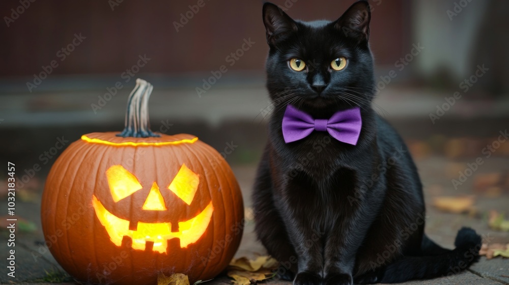 Black Cat With Bow Tie and Jack O' Lantern. Black Cat With Bow Tie and Jack O' Lantern.