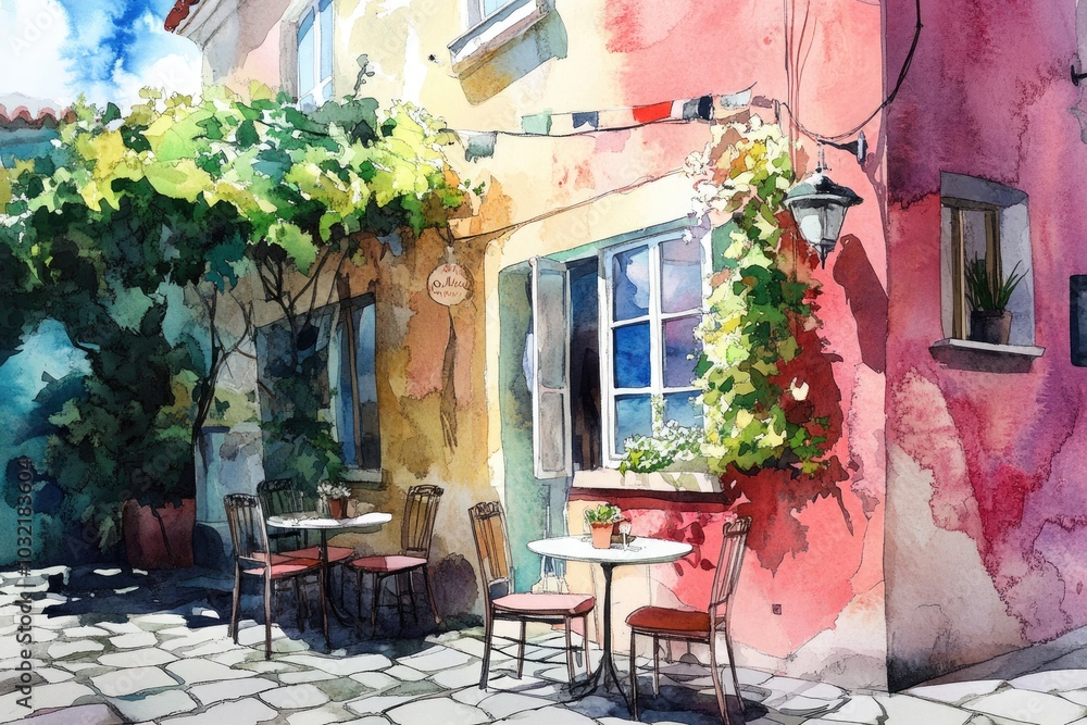 Fototapeta premium European Summer Street Cafe Scene, Watercolor Illustration of Cozy Terrace in Urban City