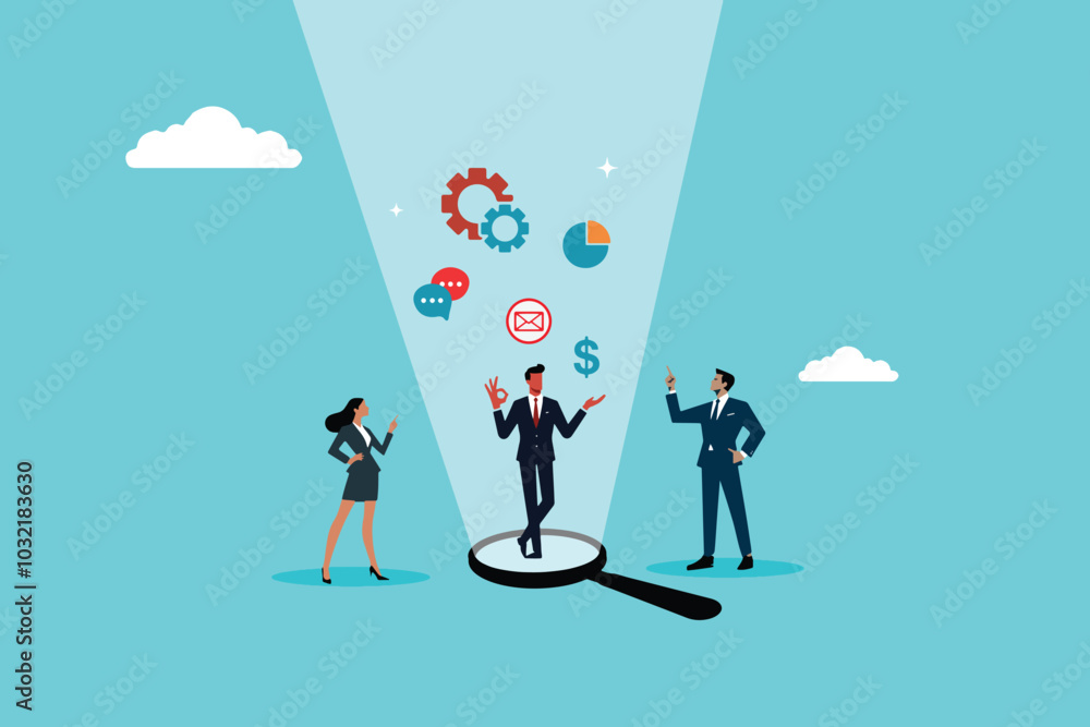 Businessman in Focus, Standing on a Transparent Magnifying Glass Businessman in Focus, Standing on a Transparent Magnifying Glass
