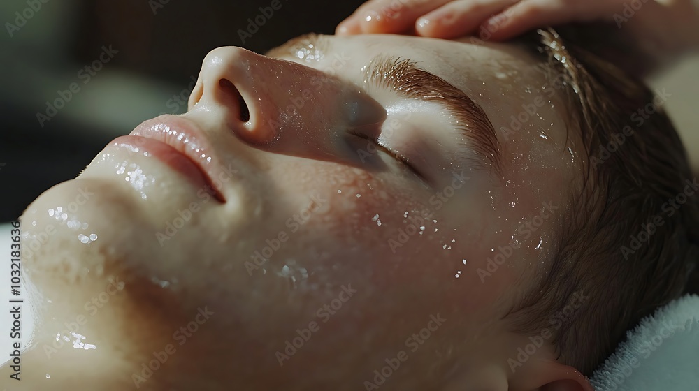 Naklejka premium Close-up of a young man receiving a facial massage, with his eyes closed and his face covered in a clear gel.