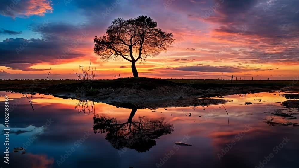 Solitary tree reflected in a vibrant sunset over a calm pond. Serenity and nature concept. Solitary tree reflected in a vibrant sunset over a calm pond. Serenity and nature concept.