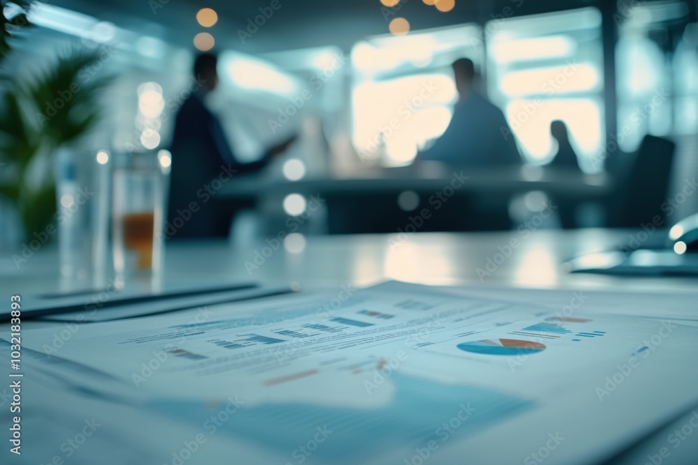 Financial Reports on a Table with Blurred Business People in Background Financial Reports on a Table with Blurred Business People in Background