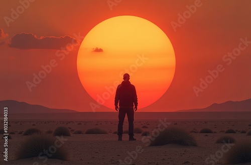 the silhouette of a man at sunset in front of a huge sun