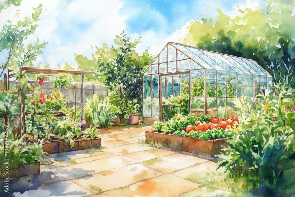 Organic Garden Greenhouse and Tools. Spring Gardening with Watercolor Illustration Organic Garden Greenhouse and Tools. Spring Gardening with Watercolor Illustration