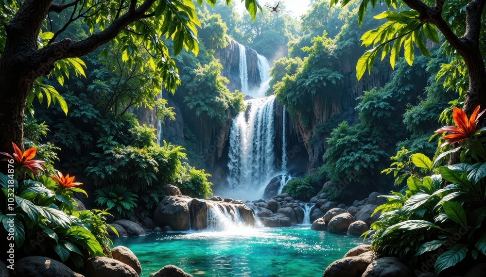 Fototapeta premium water, waterfall, sunlight, dappled, jungle, wild, alive, cascades, wildlife, serene, ecosystem