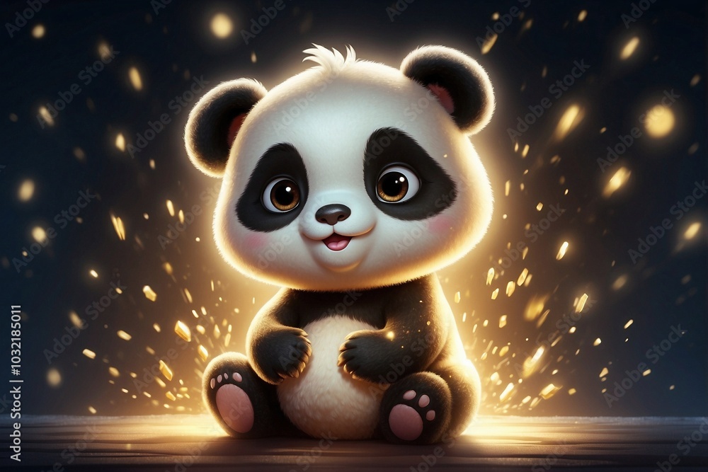 Cute Little Panda Standing in the Darkness with a Glowing Golden Aura Cute Little Panda Standing in the Darkness with a Glowing Golden Aura