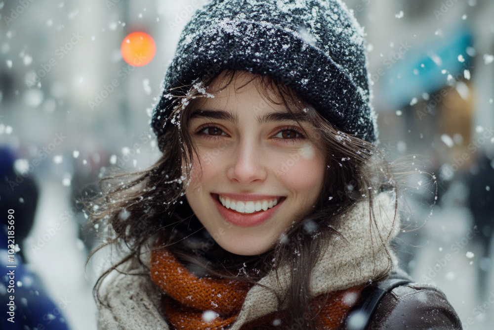 A beautiful sweet girl stands on a city street in winter. It is snowing outside. A beautiful sweet girl stands on a city street in winter. It is snowing outside.