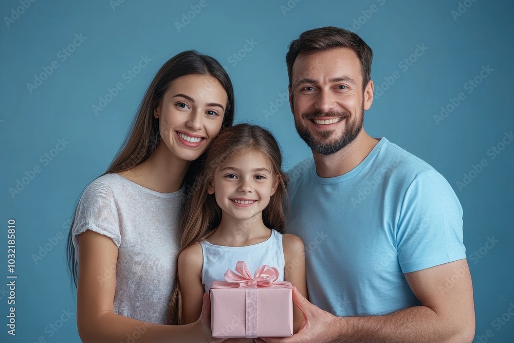 Excited european parents giving gift box to their daughter, girl holding present, family smiling at camera while posing on blue studio background, Generative AI Excited european parents giving gift box to their daughter, girl holding present, family smiling at camera while posing on blue studio background, Generative AI