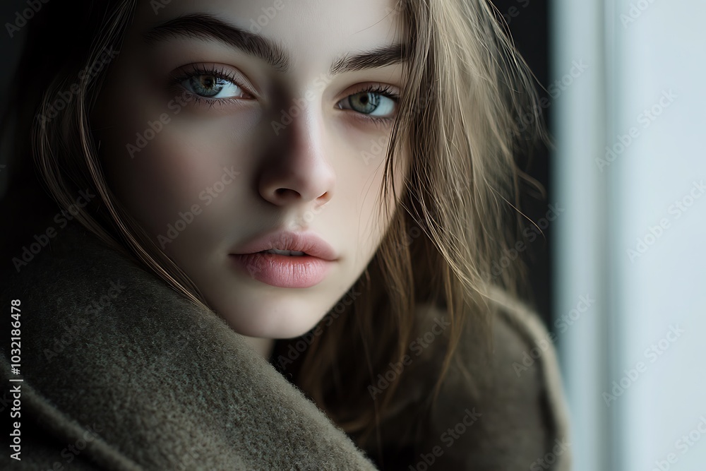 Close-up Portrait of a Young Woman with Green Eyes and Brown Hair Close-up Portrait of a Young Woman with Green Eyes and Brown Hair