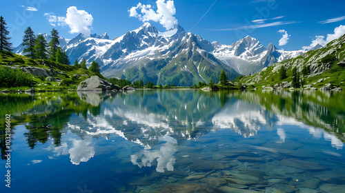 Beautiful mountain lake with crystal clear water reflecting the sky and snow-capped peaks. photo