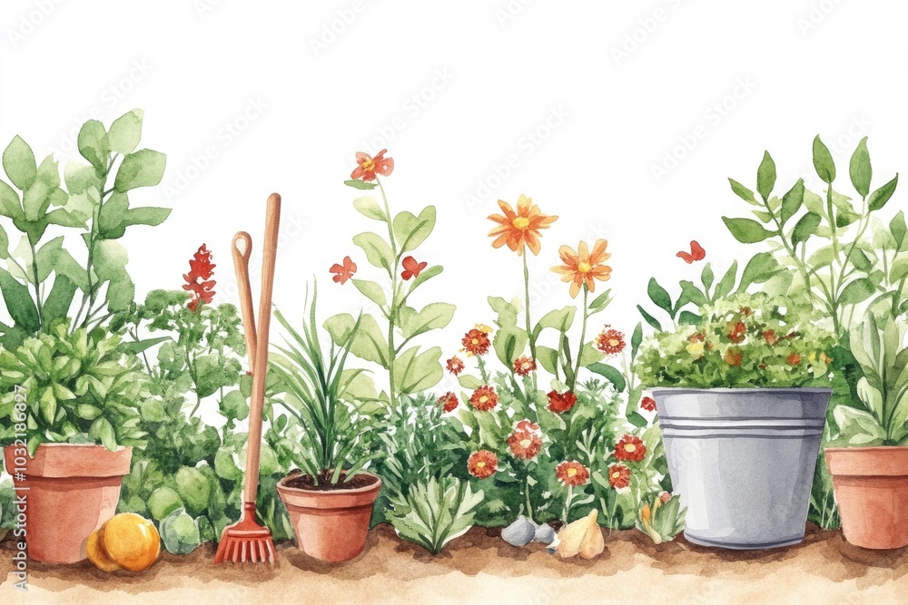 Fototapeta premium Spring Gardening Scene. Hand-drawn Watercolor Illustration of Garden Work with Floral Decorations on White Background