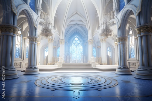 A beautiful fantasy interior of an empty throne room, with a marble floor featuring intricate patterns and silver trim photo