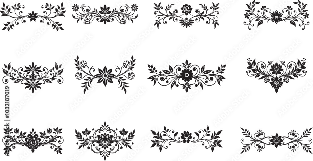 Obraz premium Black and white vector design of floral elements, serving as decorative border dividers with intricate patterns