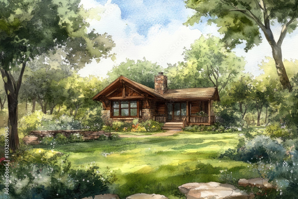 Country Cabin Retreat in Lush Garden Setting, Hand-painted Watercolor Artwork Country Cabin Retreat in Lush Garden Setting, Hand-painted Watercolor Artwork