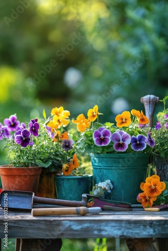 Wallpaper Mural Spring Gardening: Watercolor Flowers and Tools for Planting in Green Garden Torontodigital.ca