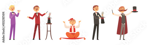 Man Magician and Illusionist Character as Circus Performer Vector Set