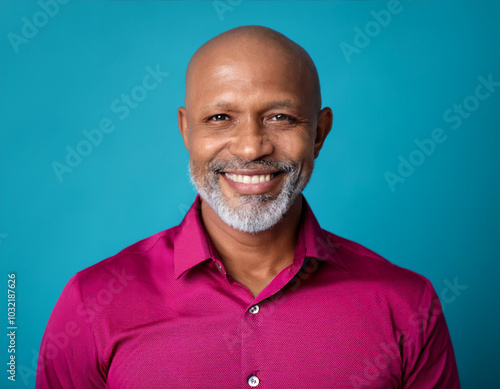 Headshot Portrait of a Smiling Mature Man with Contemporary Style, Isolated on Color Background with Ample Copy Space