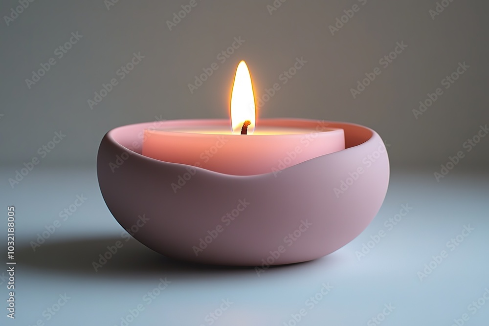 A small pink candle is lit in a small pink bowl A small pink candle is lit in a small pink bowl