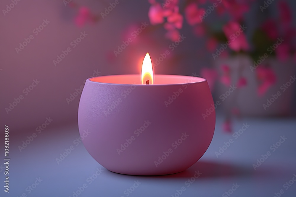 A small pink candle is lit in a small pink bowl A small pink candle is lit in a small pink bowl