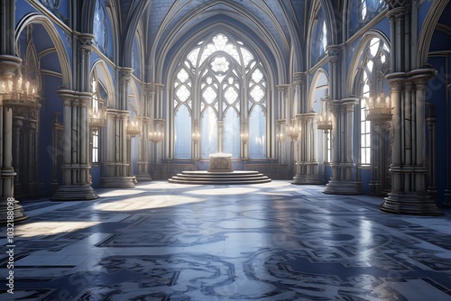 A beautiful fantasy interior of an empty throne room, with a marble floor featuring intricate patterns and silver trim