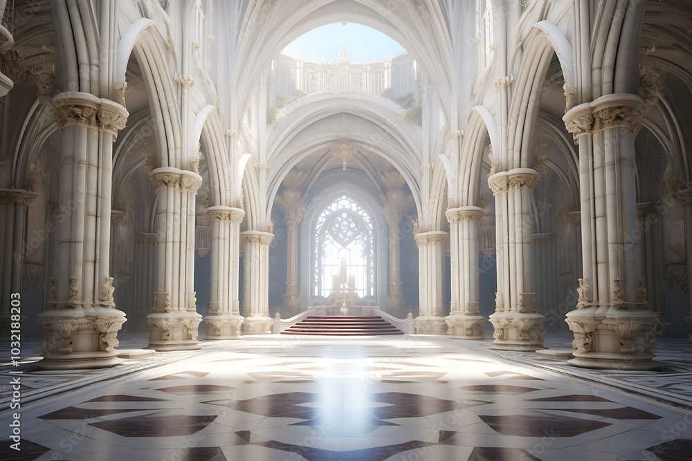 A beautiful fantasy interior of an empty throne room, with a marble floor featuring intricate patterns and silver trim
