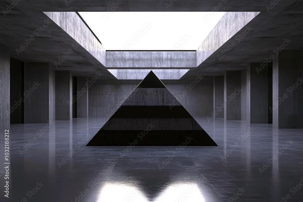 Fototapeta premium Black pyramid isolated in dark bunker room.