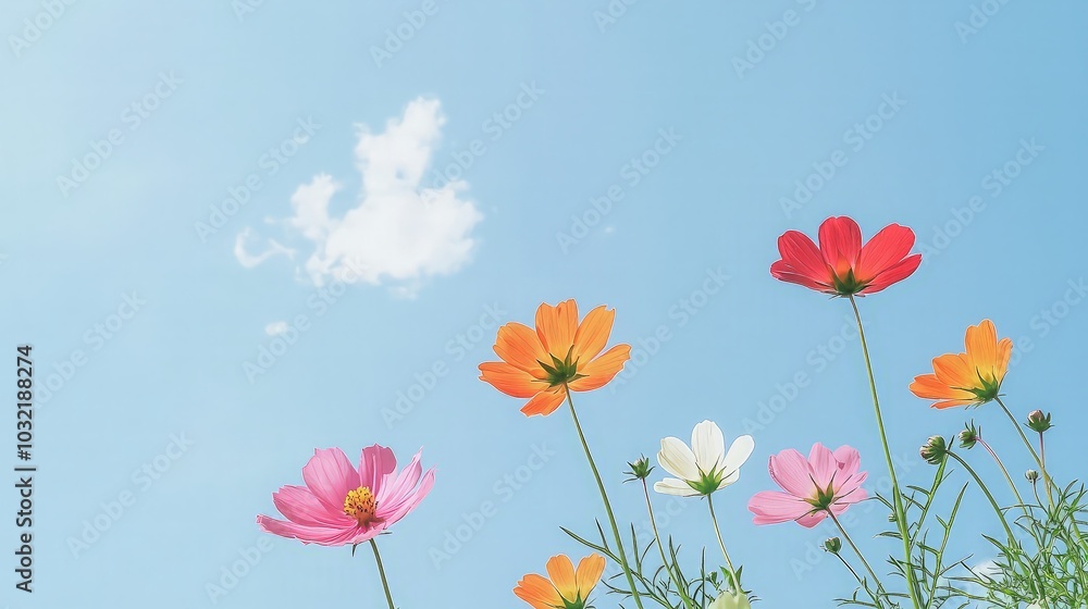 Colorful cosmos flowers against a bright blue sky with a single white cloud. Colorful cosmos flowers against a bright blue sky with a single white cloud.