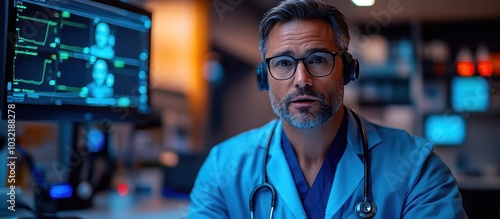 A male doctor wearing a stethoscope and headphones looks at the camera while sitting in a medical office.