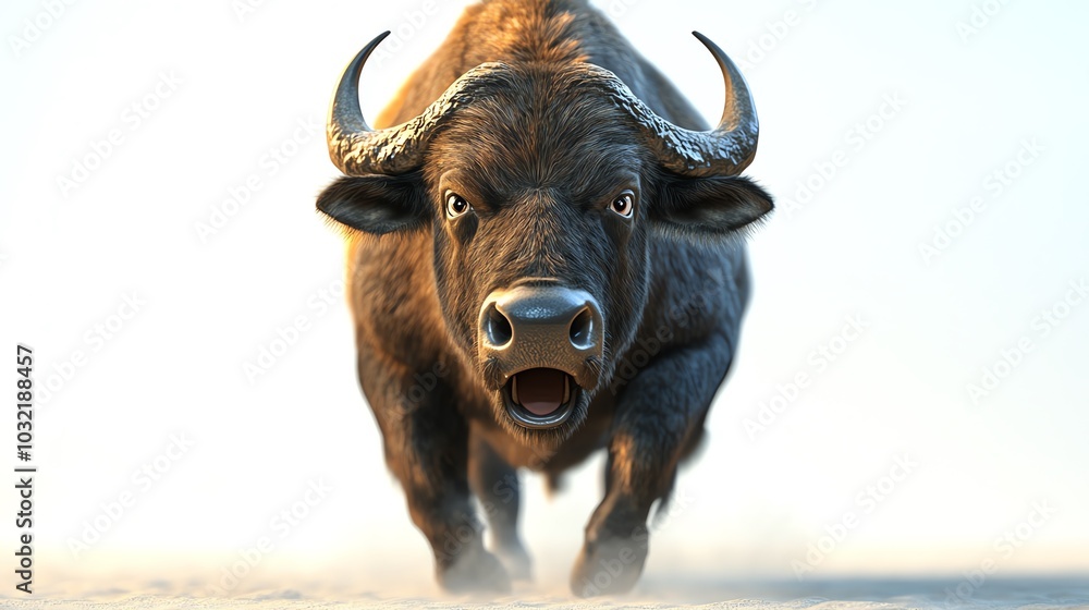 Naklejka premium 3D buffalo stomping in shock, eyes wide open, white background
