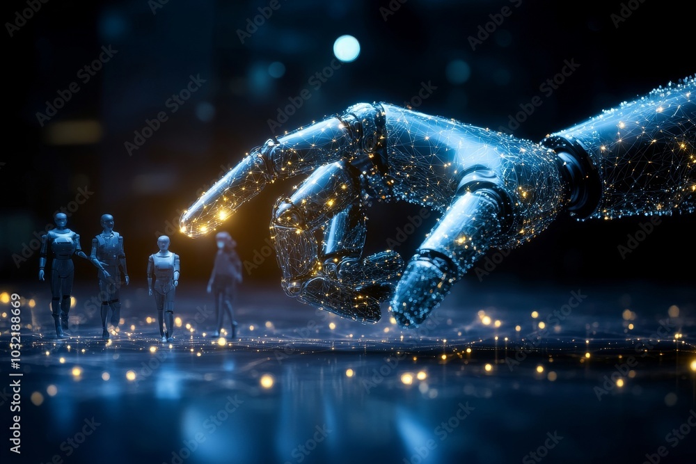 AI Artificial Intelligence help support business success, technology or innovation for new opportunity, invention for business growth concept, business people walking up on robot hand pointing, Genera AI Artificial Intelligence help support business success, technology or innovation for new opportunity, invention for business growth concept, business people walking up on robot hand pointing, Genera