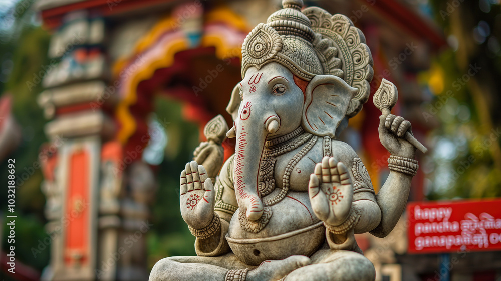 Fototapeta premium Colorful Ganesha statue in a temple setting.