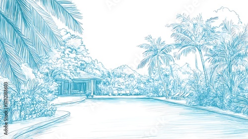 Sketch of a Tropical Pool with Palm Trees and a Gazebo