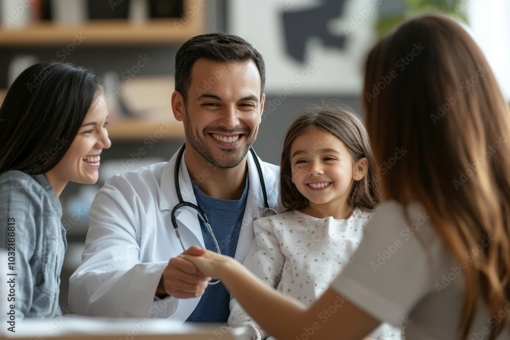 Friendly male pediatrician in medical coat giving fist bump to happy little girl patient, visiting private clinic with caring young mother, Generative AI Friendly male pediatrician in medical coat giving fist bump to happy little girl patient, visiting private clinic with caring young mother, Generative AI