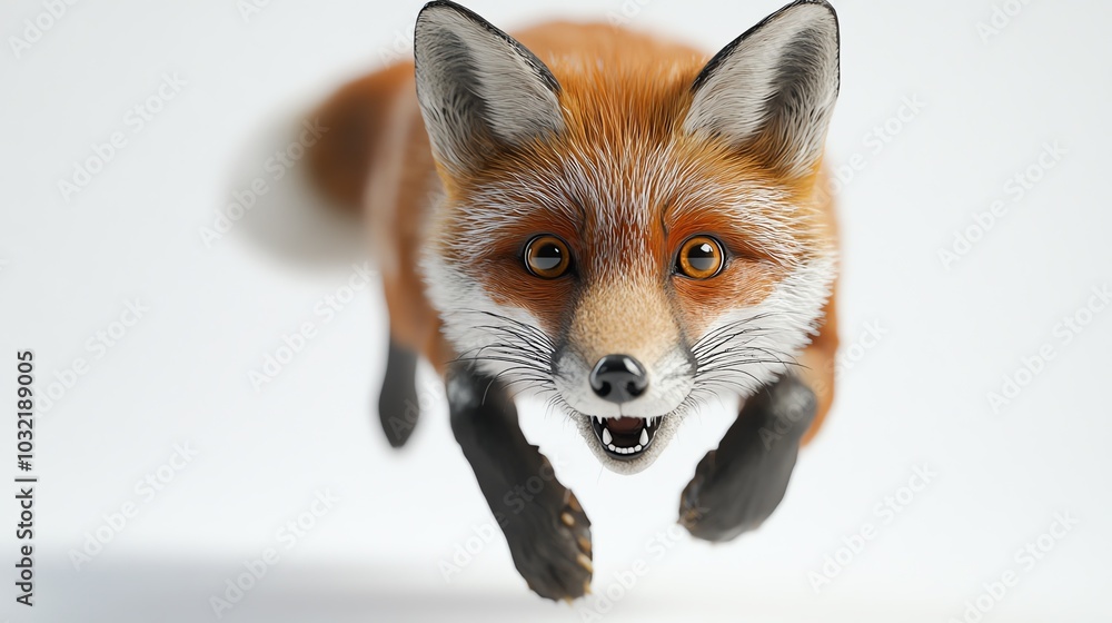 Obraz premium 3D fox caught midleap with a surprised expression, white background