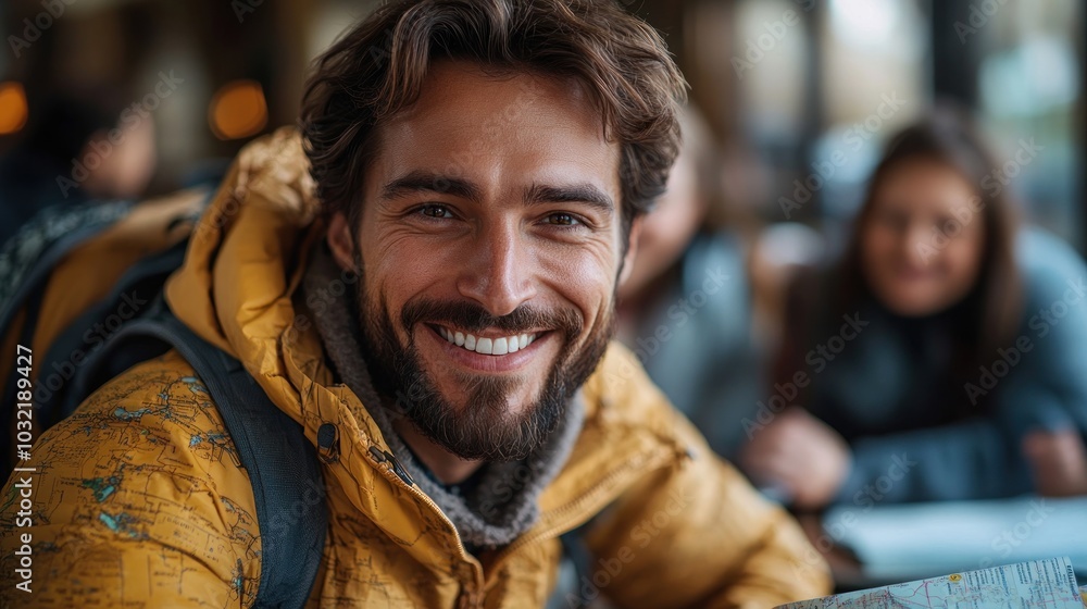 A happy young man smiles at the camera while enjoying a day out with friends. A happy young man smiles at the camera while enjoying a day out with friends.