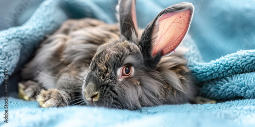 A close-up of a fluffy grey rabbit recovering from surgery, its pink ear twitching as it lies on a blue blanket. photo