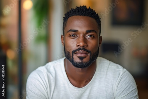 Portrait of a handsome man with a towel, looking at the camera with a smile, touches his face in happiness, isolated on a blue background. Skin care concept. horizontal, Generative AI