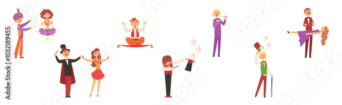 Man Magician and Illusionist Character as Circus Performer Vector Set