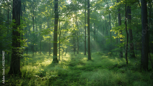 The sun shines through the trees in a lush green forest. The forest is full of tall trees, green leaves, and a variety of plants.