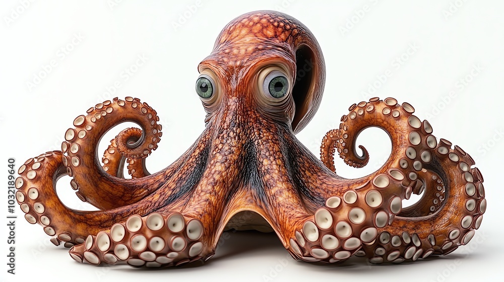3D octopus with tentacles spread wide, eyes wide in surprise, white background 3D octopus with tentacles spread wide, eyes wide in surprise, white background