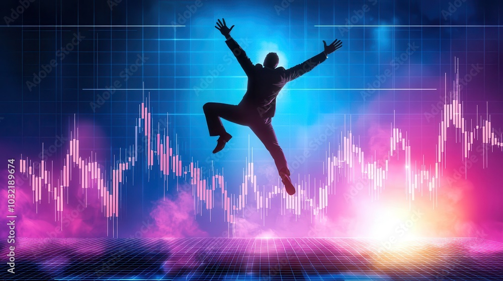 Naklejka premium Bullish economic stock, An investor rejoices celebrating success over profits realized from bullish positions in emerging markets, where economic development spurs significant stock appreciation.