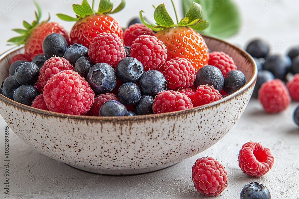 Fresh mixed berries in a rustic bowl on a gray surface Fresh mixed berries in a rustic bowl on a gray surface
