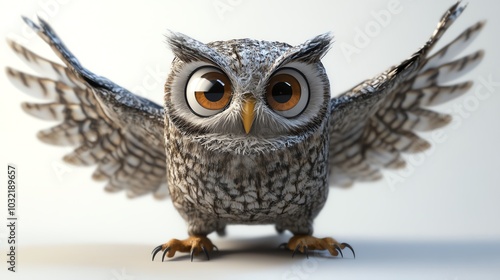 3D owl with wings spread and wide eyes, startled expression, white background