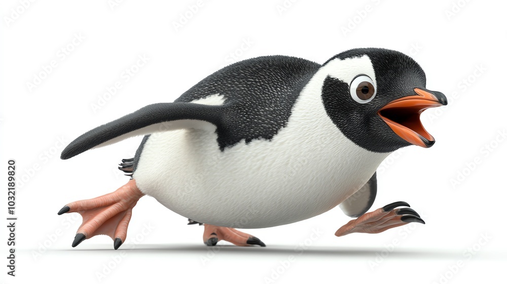Naklejka premium 3D penguin sliding to a stop, shocked and startled, white background