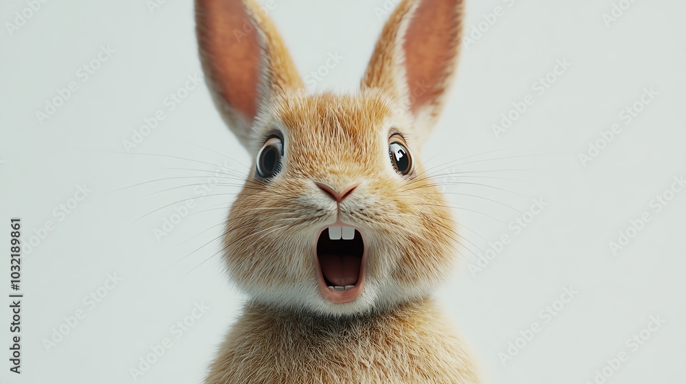 3D rabbit with open mouth and ears perked up in surprise, white background 3D rabbit with open mouth and ears perked up in surprise, white background