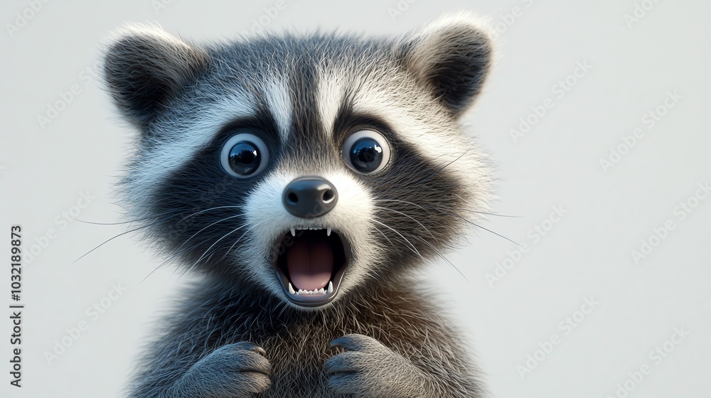 3D raccoon with wide eyes, caught in the act, shocked expression, white background 3D raccoon with wide eyes, caught in the act, shocked expression, white background