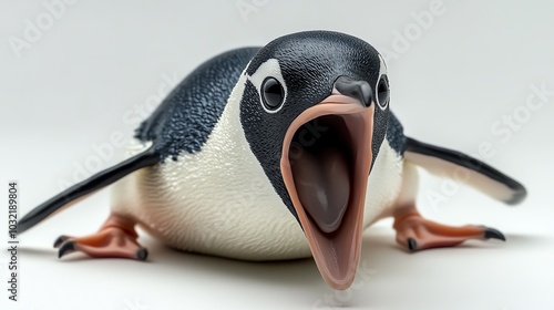 3D penguin sliding to a stop, shocked and startled, white background photo